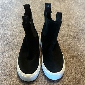J Slides Black Suede Slip-On Platform Sneakers with White Sole
